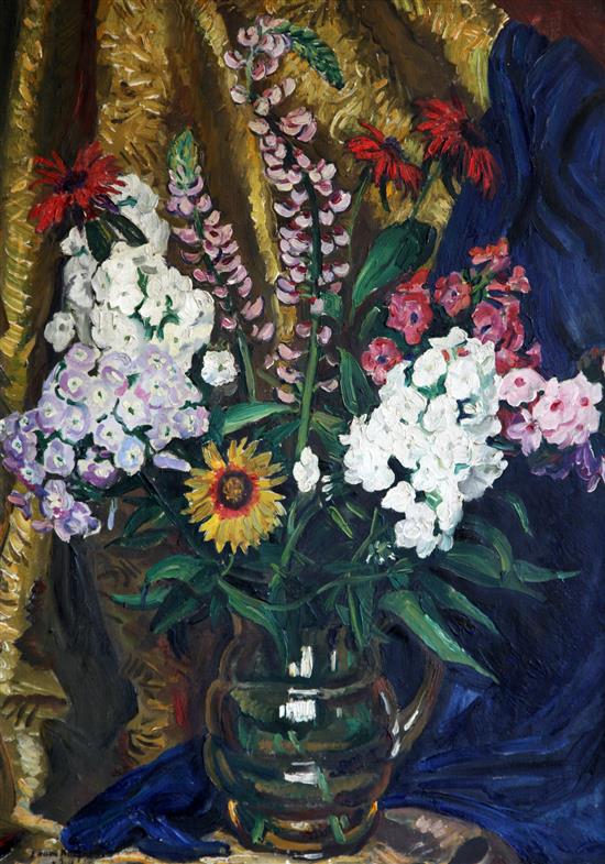 § Dame Laura Knight R.A., R.W.S. (1877-1970) Still life of Phlox and Lupins, 29.75 x 21in.